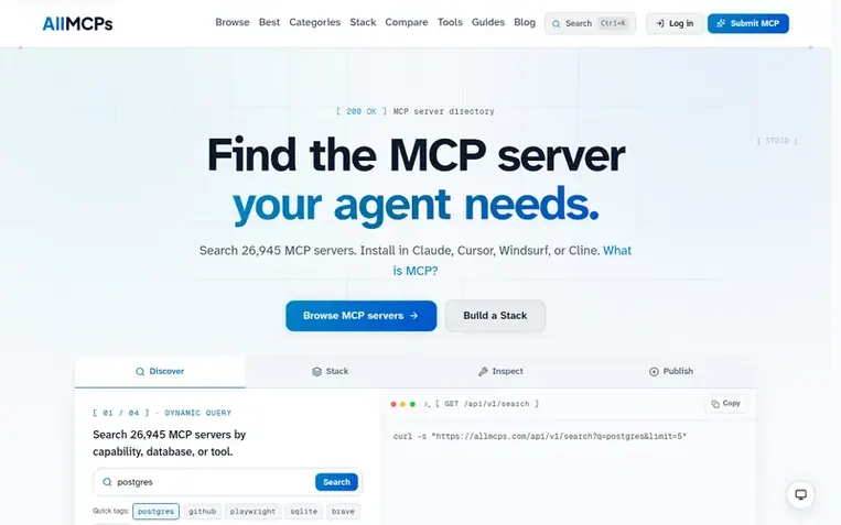 Screenshot of the AllMCPs homepage